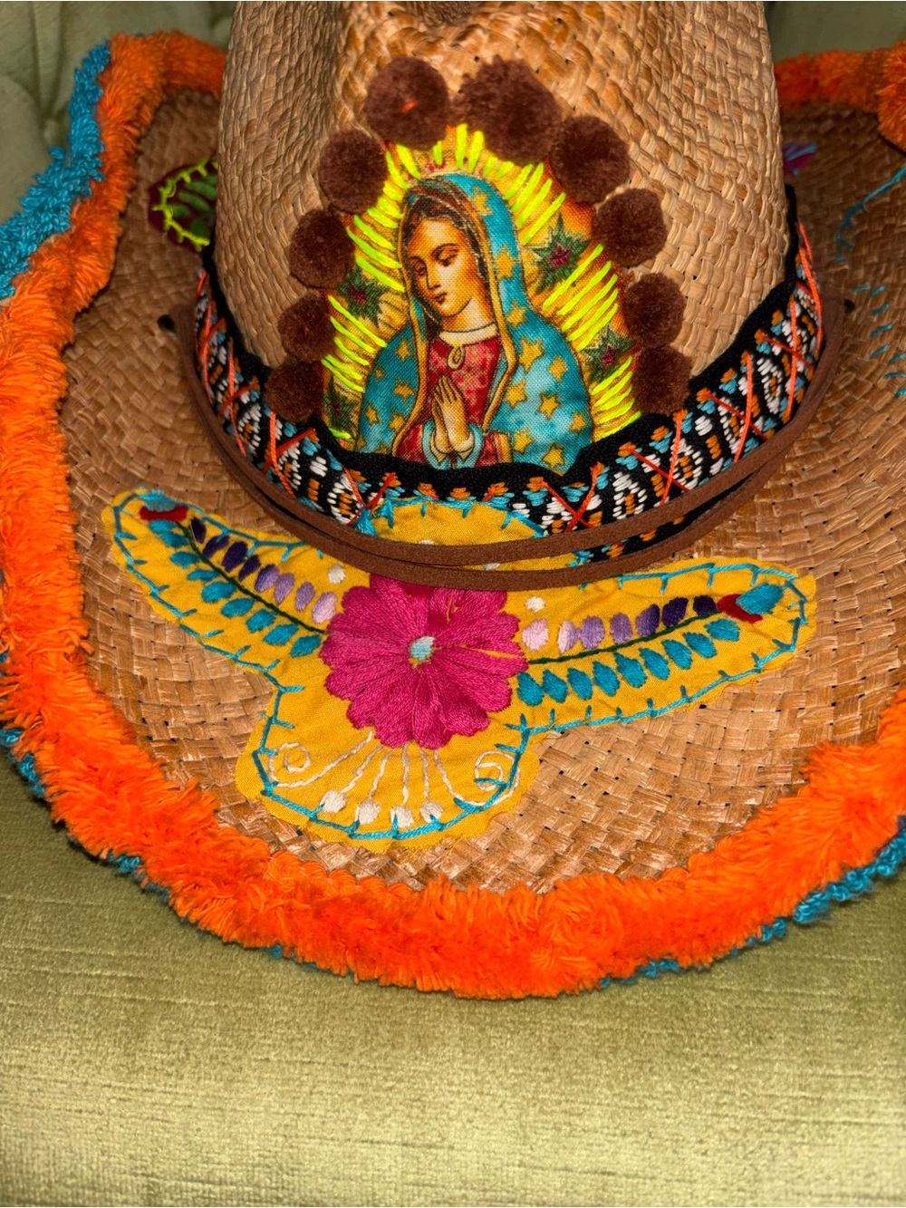 Bohemian Gypsy Queen Embroidered Raffia Straw Hat Fringe Brim medium - Picture 11 of 12